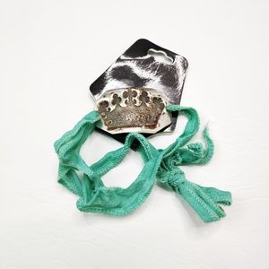 Stamped Metal Crown Ribbon Wrap Bracelet Blue OS